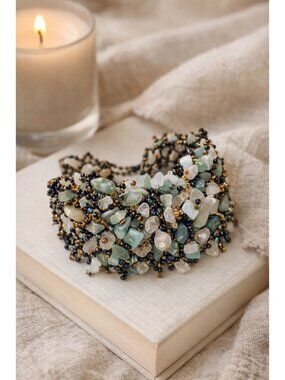 Boho Gemstone Cuff Bracelet Wide Beaded Statement Bracelet Amazonite Quartz